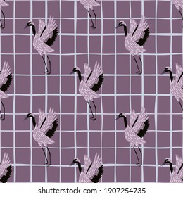 Cartoon exotic japanese seamless pattern with crane bird shapes. Purple pastel background with check. Designed for fabric design, textile print, wrapping, cover. Vector illustration.