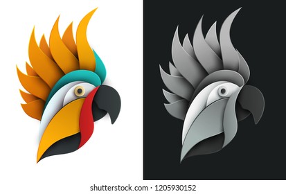 Cartoon exotic parrot bird in trendy paper cut craft graphic style. Modern design for advertising, branding greeting card, cover, poster, banner. Vector illustration.