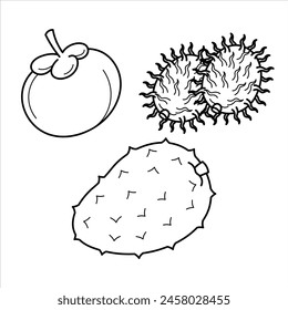 Cartoon Exotic Tropical Fruit Line Art