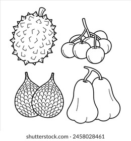 Cartoon Exotic Tropical Fruit Line Art