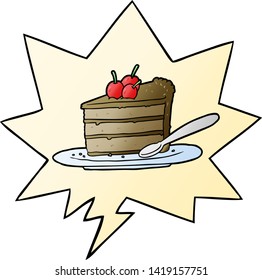 dibujos animados costosos rebanados de pastel de chocolate con burbuja de habla en un estilo de gradiente suave