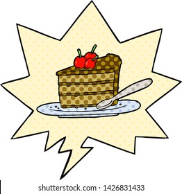 cartoon expensive slice of chocolate cake with speech bubble in comic book style