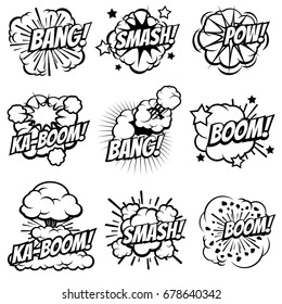 Cartoon explode icons. Comic book explosion bubbles. Pop art big bang and boom smoke clouds vector set. Blast cloud smoke, comic explosion bang and boom illustration