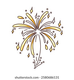 Cartoon exploding gold firework to celebrate holidays. Funny retro celebratory firecracker display. Chinese New Year, event mascot, cartoon firework sticker of 70s 80s style vector illustration