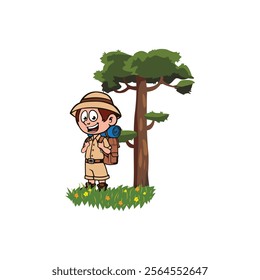 A cartoon explorer with a backpack and hat stands next to a tree on a grassy field with flowers