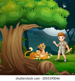 Cartoon the explorer boy and cheetah under the tree
