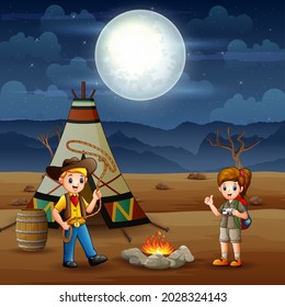 Cartoon the explorer boy and girl camping out in the desert