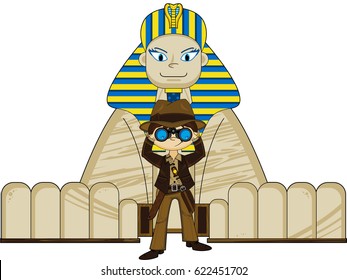 Cartoon Explorer and Egyptian Sphinx