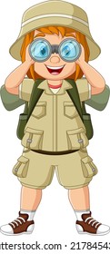 Cartoon explorer girl with binoculars