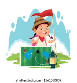 cartoon explorer girl with forest map and lantern over white background, colorful design, vector illustration