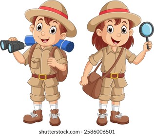 Cartoon explorer kid couple holding a magnifying glass and binocular