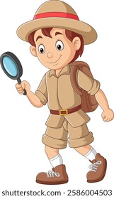 Cartoon explorer kid holding a magnifying glass