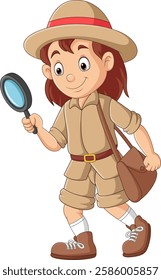 Cartoon explorer kid holding a magnifying glass