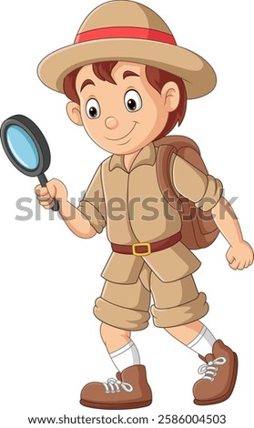 Cartoon explorer kid holding a magnifying glass
