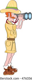 A cartoon explorer in safari clothes with large binoculars