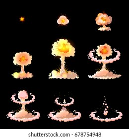 Cartoon explosion animation concept with smoke and fog effects on dark background isolated vector illustration
