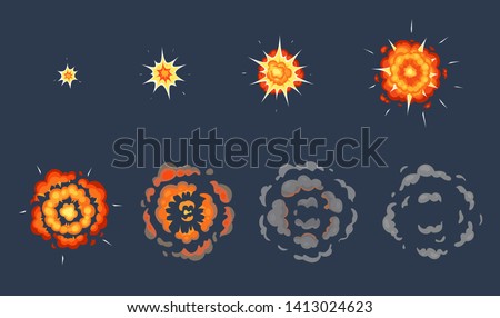 Cartoon explosion animation. Exploding effect frames, animated shot explode with smoke clouds vector illustration set