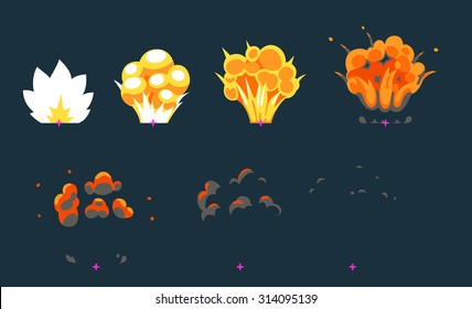 Cartoon Explosion Animation Frames For Game. Sprite Sheet On Dark Background.