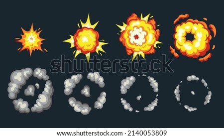 Cartoon explosion animation kit. Bomb explosion effect for mobile game, fire blast template. Vector illustration