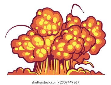 Explosión de caricatura. Efecto explosivo con humo, bomba atómica, fuego de quemaduras de armas, explosión detona elemento cómico explosivo de flash. Nubes de dinamita roja con metralla y vectores de bola de fuego ilustraciones aisladas