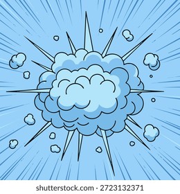 Una explosión de dibujos animados de nubes azules contra un fondo azul claro con líneas radiantes y fragmentos de nubes dispersas