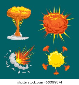 Cartoon explosion boom effect animation game sprite sheet explode burst blast fire comic flame vector illustration.
