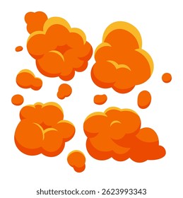 Nuvens de explosão de desenhos animados estourando com tons laranja vibrantes e contornos amarelos arrojados criam efeitos dinâmicos perfeitos para quadrinhos ou videogames, aprimorando a narrativa visual e a emoção