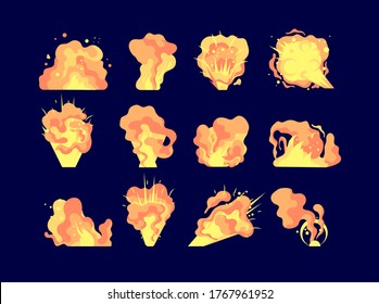 Cartoon explosion. Comics fire blast, dynamite destruction. Danger bomb blast, bang effects for games on black. Atomic explode vector set