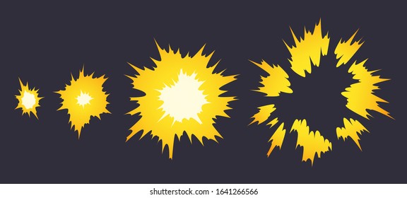 Cartoon explosion effect. Effect boom, explode flash, bomb comic book, vector illustration. Animation for game of the explosion effect, broken into separate frames.