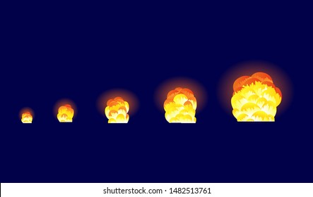 Cartoon Explosion Effekt mit Rauch. Effect Boom, explode Blitz, Bombe Comic Buch, Vektorgrafik. Animation für das Spiel des Explosionseffekts, unterteilt in separate Rahmen.