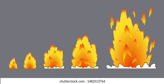 Efecto de explosión de caricatura con humo. Boom de efectos, flash de explosión, cómic de bombas, ilustración vectorial. Animación para juego del efecto de explosión, dividida en cuadros separados.