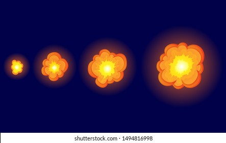 Cartoon Explosion Effekt mit Rauch. Effect Boom, explode Blitz, Bombe Comic Buch, Vektorgrafik. Animation für das Spiel des Explosionseffekts, unterteilt in separate Rahmen.