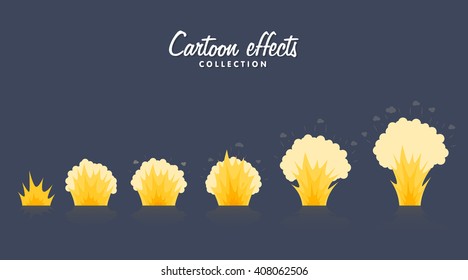 Cartoon explosion effect with smoke. Effect boom, explode flash, bomb comic, vector illustration. Animation frames for game. Sprite sheet on dark background.