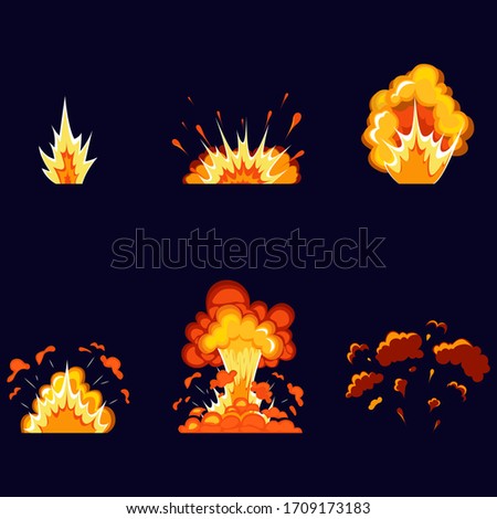 Cartoon explosion effect with smoke. Boom effect, detonate flash, comic bomb. Dynamite explosions, explosive explosions of bombs and atomic bombs, clouds, comics.