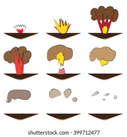 Cartoon explosion effect with smoke. Illustration in vector. Animation frames for game
