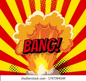 Cartoon explosion effect with smoke. Retro boom banner. Comic book explosion bang on sunbeam striped background