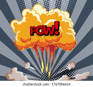 Cartoon Explosion Effekt mit Rauch. Retro-Auslegerbanner. Comicbuch-Explosionsknall auf sonnenstrahlgestreiftem Hintergrund