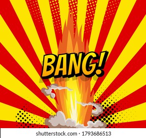 Cartoon explosion effect with smoke. Retro boom banner. Comic book explosion bang on sunbeam striped background
