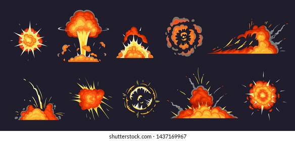 Cartoon Explosion. Exploding Bomb, Atomic Explode Effect And Comic Explosions Smoke Clouds. Destruction Explosion Animation, Comic Bomb Fire Flame. Isolated Vector Illustration Icons Set