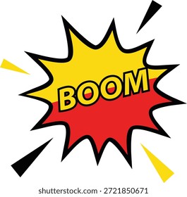 Um gráfico de explosão de desenho animado com texto 'BOOM' em amarelo e vermelho