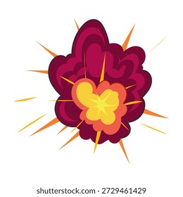 Cartoon explosion graphic creating a powerful fiery burst with smoke and radiating energy, symbolizing impact, danger, or a sudden event, depicted in a vibrant comic book style