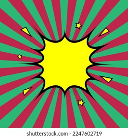 Cartoon explosion with rays of blast and stars on magenta and green background. Pop art retro background. Vector illustration.
