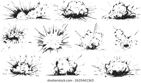 Cartoon explosion shapes sparkling Lined doodles of  rays. 