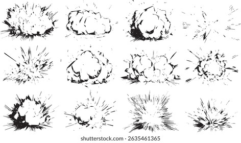 Cartoon explosion shapes sparkling Lined doodles of  rays. 