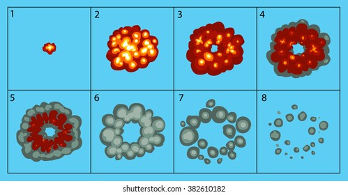 Cartoon Explosion And Smoke Animation Frames For Game. Sprite Sheet On Blue Background.