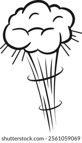Cartoon explosion smoke cloud expanding and swirling downwards, featuring a hand drawn black and white illustration, isolated against a clean white background, capturing dynamic motion and energy