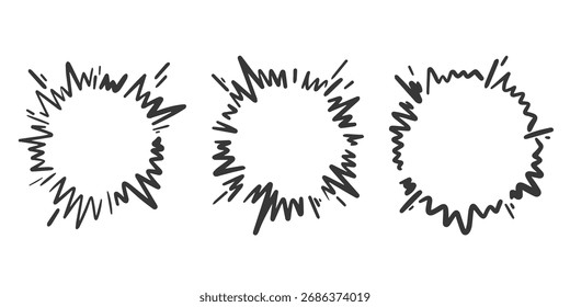 Explosão de desenhos animados com faíscas e respingos. Esboço desenhado à mão de quadros circulares. Efeito de estrondo cômico. Gráfico radial vetorial isolado no plano de fundo branco. Elementos de luta circulares