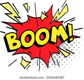 Cartoon explosion with the word boom is depicted with lightnings and star symbols, creating a dynamic and impactful visual representation of a sudden event