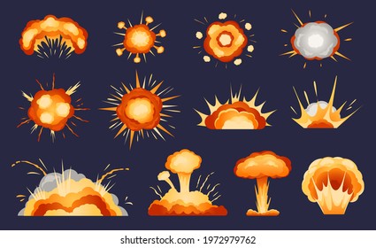 Cartoon Explosions. Atomic Mushroom Cloud, Bomb Explosion Effect, Fire Blast Smoke, Dynamite Detonation. Explosive Burst, Comic Boom Effects Vector Set. Bright Nuclear Bomb Exploding