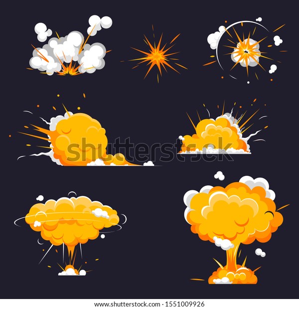 Cartoon explosions collection bomb. Boom flame,\
Dynamite explosions, danger bomb detonation, dynamites detonators.\
Vector illustration in comic\
style.
